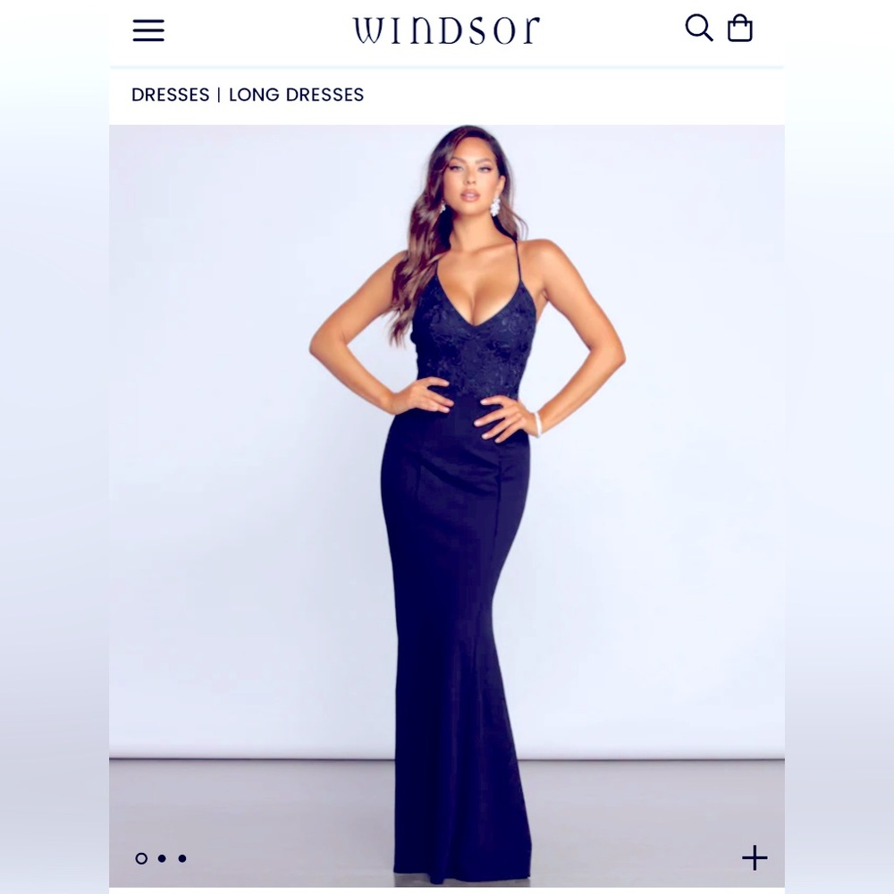 Windsor Navy Blue Spaghetti Strap Lace Bodice Prom Dress